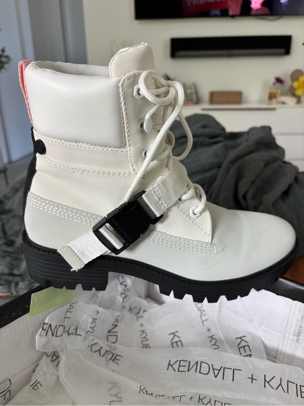 Kendall & Kylie Cream Combat Boots with Black Sole and Pink Heel Tab